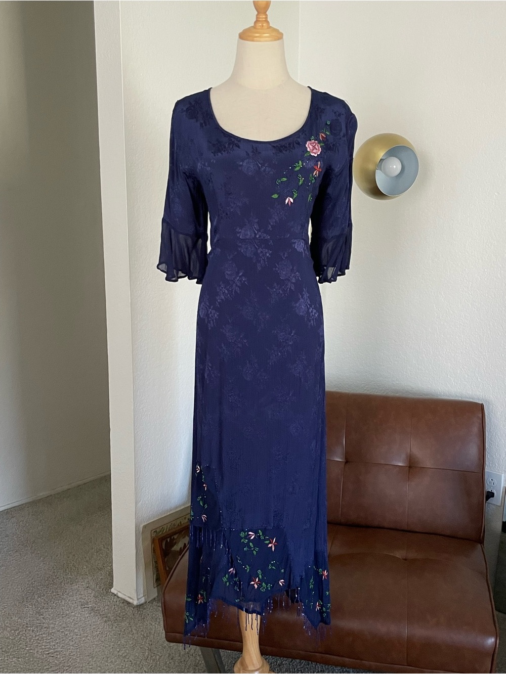 Vintage 1990s Papillon Party Classic Floral Beaded Fringe Tie Dress